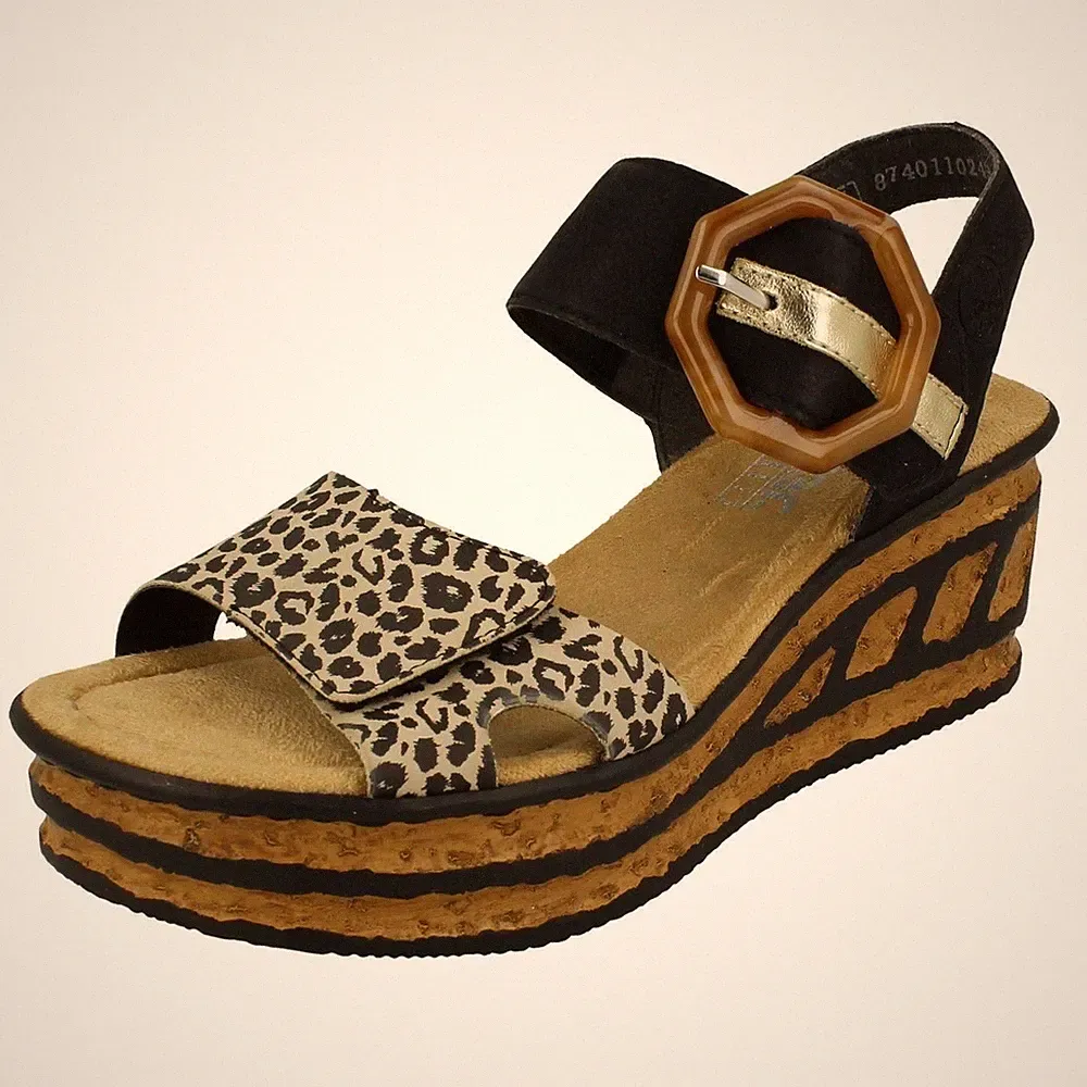 Damen Rieker "68176" Keilsandaletten Mit Klettverschluss, Schwarz/Beige