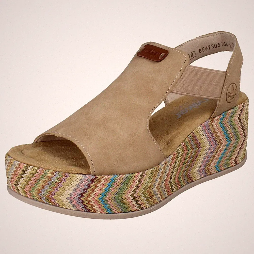 Damen Rieker 96472 Bequeme Keilabsatz Riemchensandalen Beige