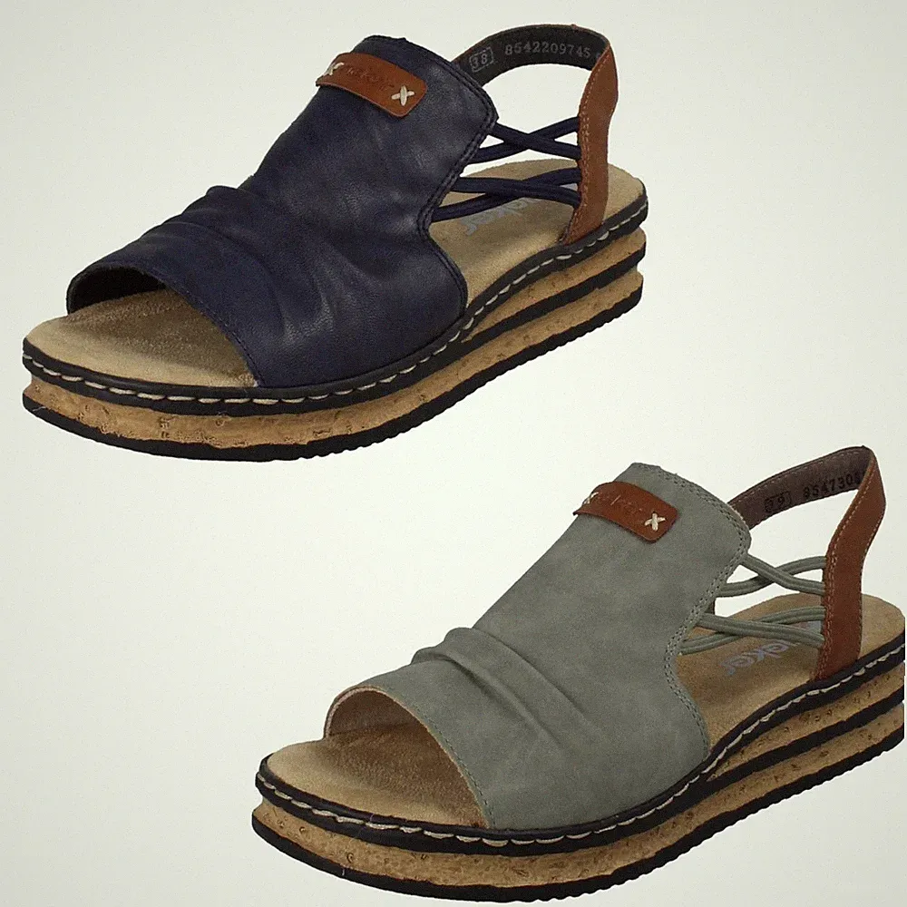 Damen Rieker Detail Sommer Gummizug Keilabsatz Sandalette 62962