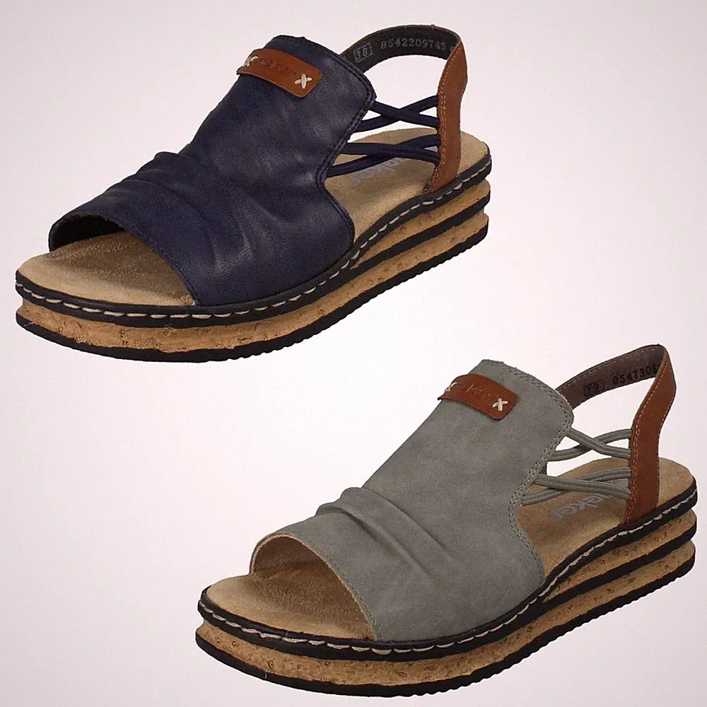 Damen Rieker Detail Sommer Gummizug Keilabsatz Sandalette 62962