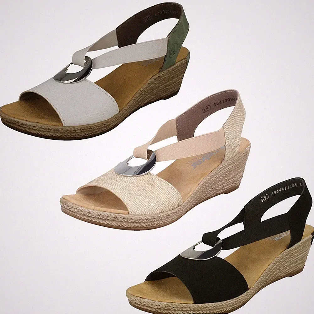 Damen Rieker Keilabsatz Riemchensandalen 624H6 Schlupfverschluss