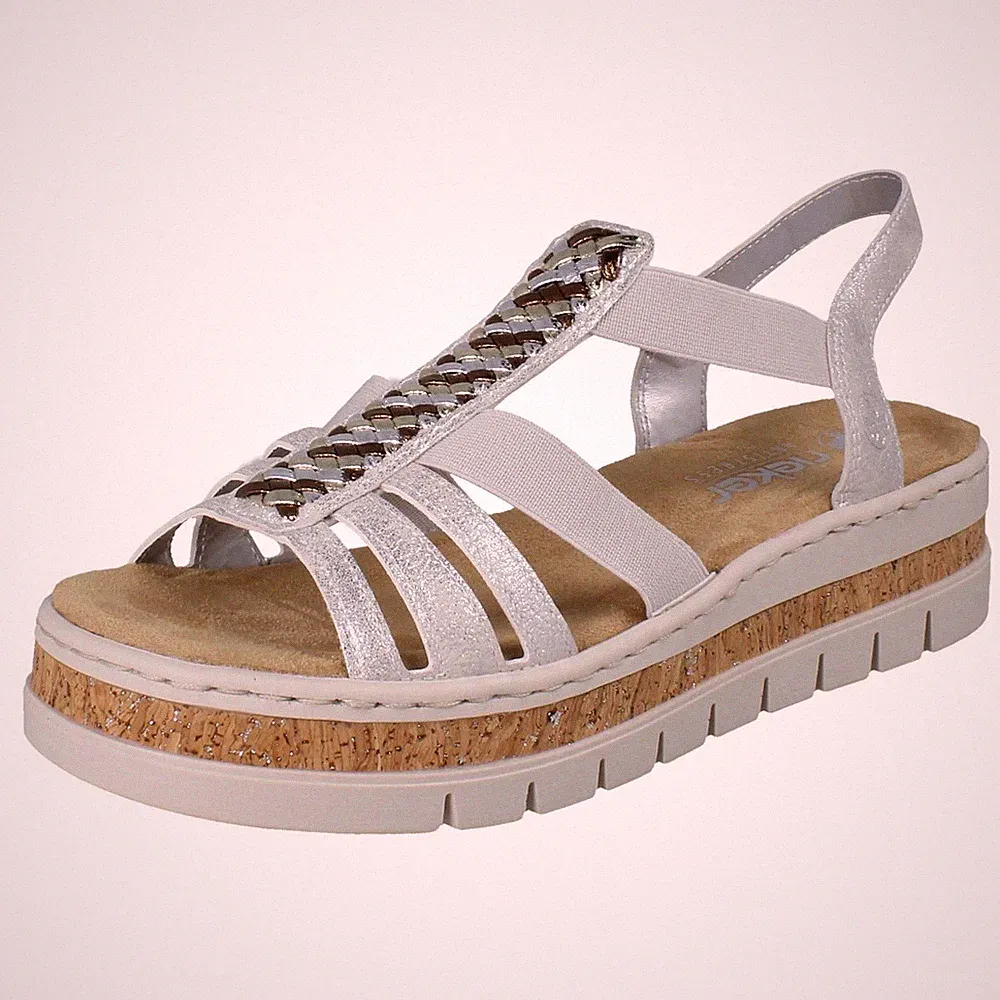 Damen Rieker V4918 Casual Keilsandaletten Mit Offener Spitze, Silber