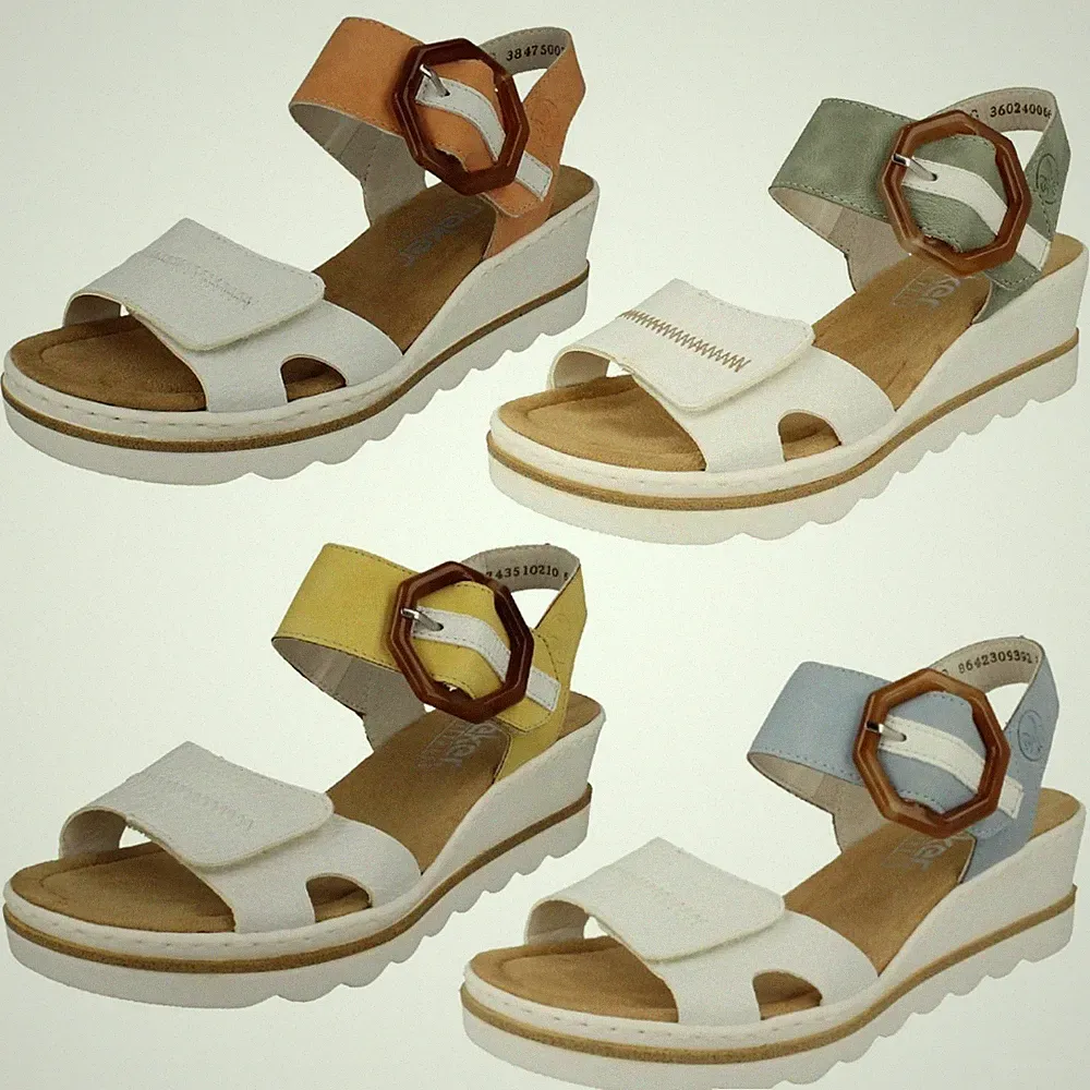 Damen Rieker Modisch Schnalle Detailliert Keilabsatz Sandalen 67476