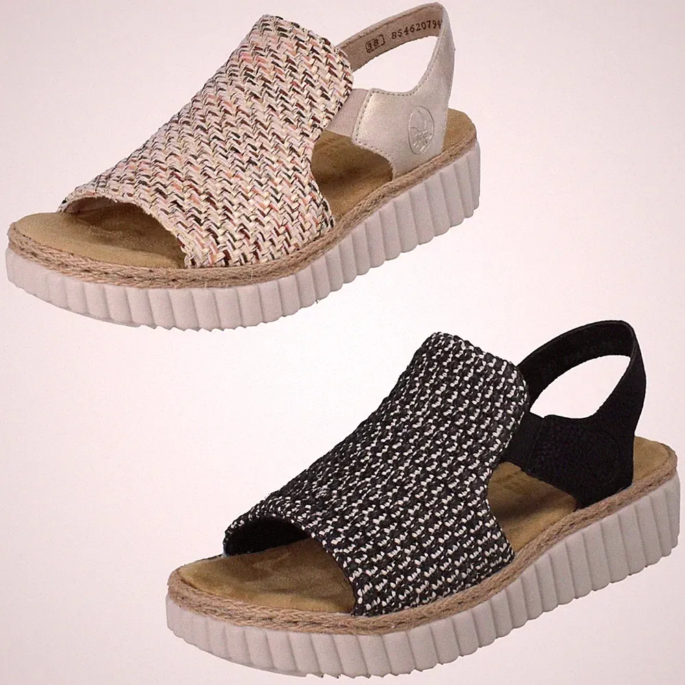 Damen Rieker Sandalen extra weit Gummizug Sommer Keilabsatz 69276