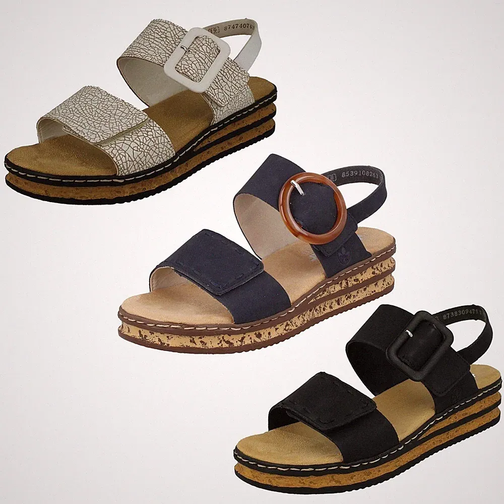 Damen Rieker Sandalen Mit Schnalle, Verstellbarem Keilabsatz, Modell 62950