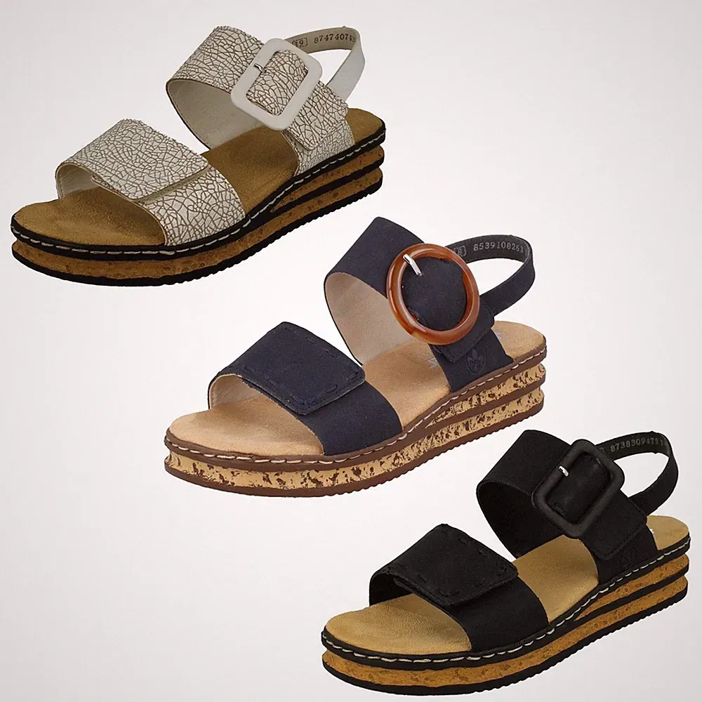 Damen Rieker Sandalen Mit Schnalle, Verstellbarem Keilabsatz, Modell 62950