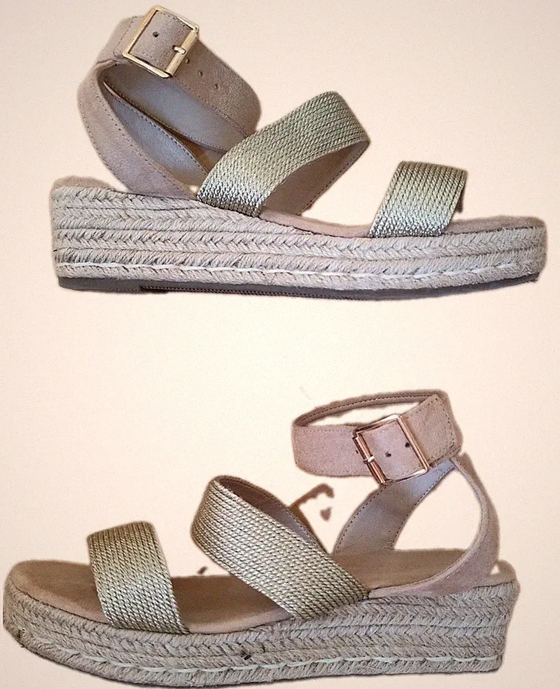 Damen Riemchen Sandalen Gr. 40, Keilabsatz, Schnalle, beige/gold