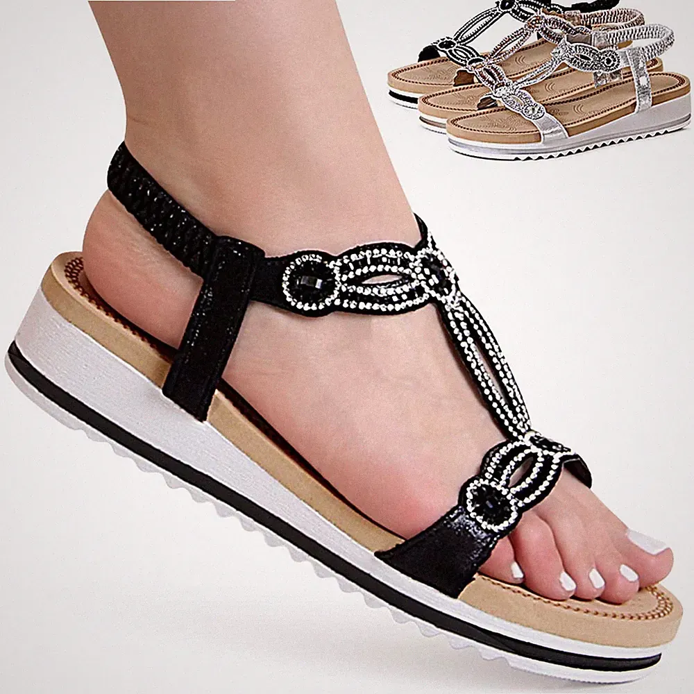 Damen Riemchen Sandalen Keilabsatz Plateau Glitzer Metallic