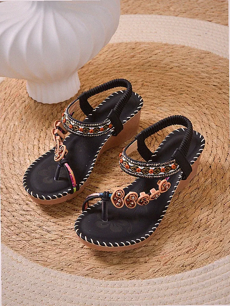Damen Riemchensandalen Sandalen Keilabsatz Zehentrenner Sommer-Schuhe Freizeit