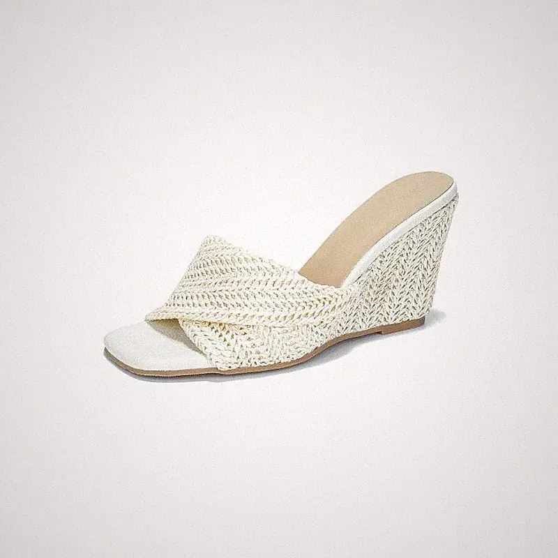 Damen Sabot Keilabsatz 8 cm Geflochtene Schnur Sommer Sandalen Weiß CF68137