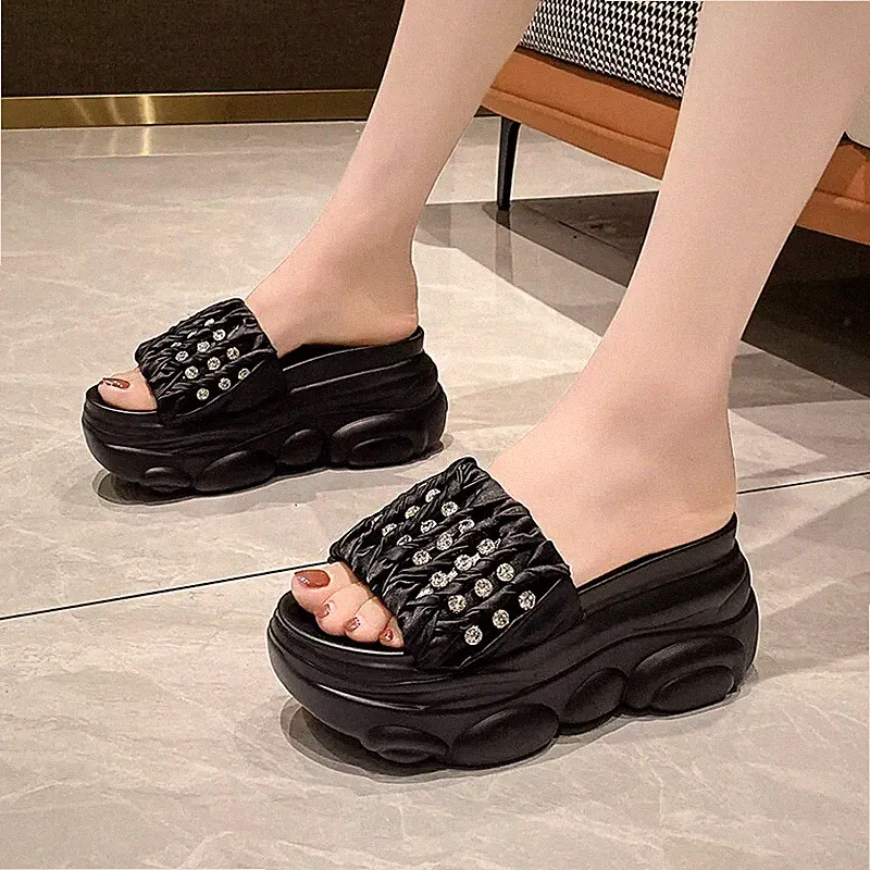 Damen Sabot Sandalen Plateau 8 cm Keilabsatz Schwarz Strass Kunstleder 36280