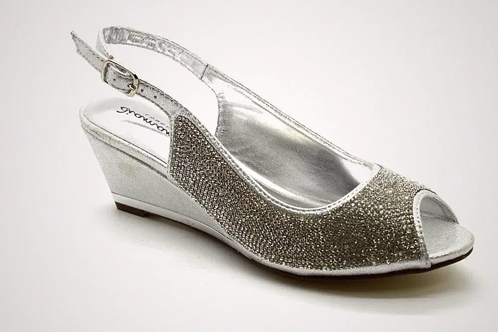 Damen-Sandale Keilabsatz mittelhoher Fersenriemen Hochzeit Kleid Party Abschlussball Diamanten