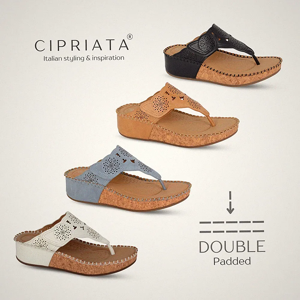 Damen-Sandale Keilabsatz Zehensteg Cipriata Kork gepolstert Slipper Sommer Touch-Verschluss