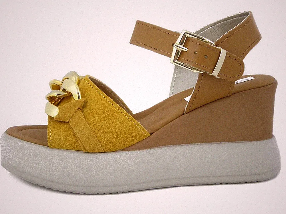 Damen Sandalen 37 Leder braun Leder und gelb mittlerer Keilabsatz 8 cm Made in Italy