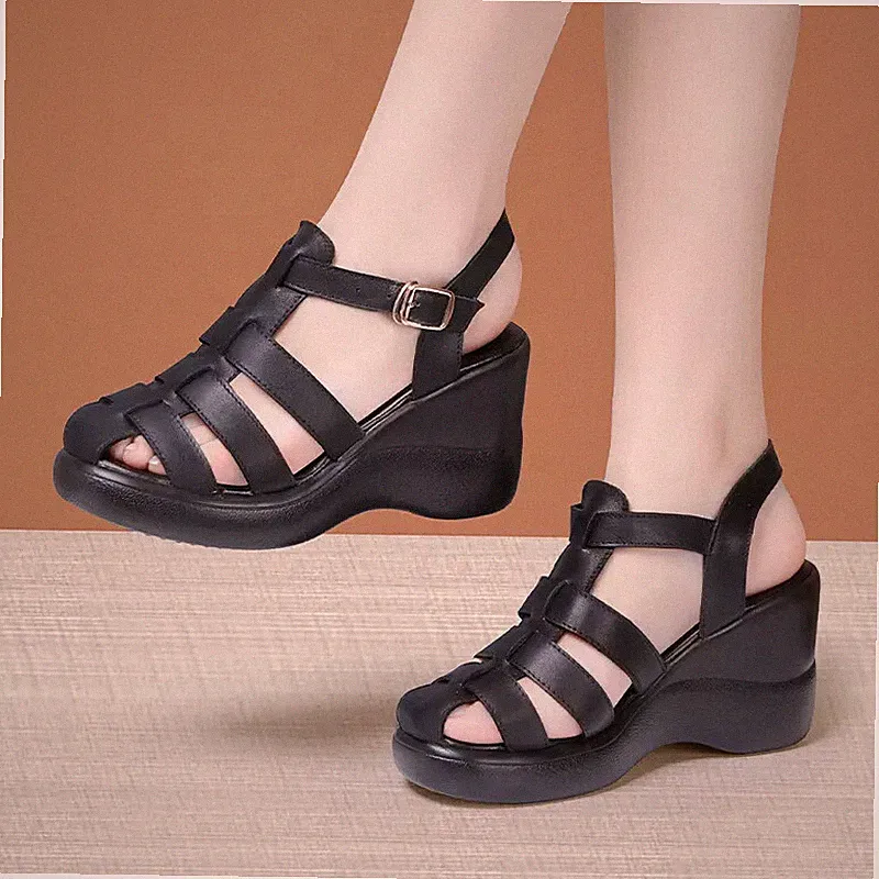Damen Sandalen 8 cm Keilabsatz Plateau schwarz Plateau bequem Kunstleder 67392
