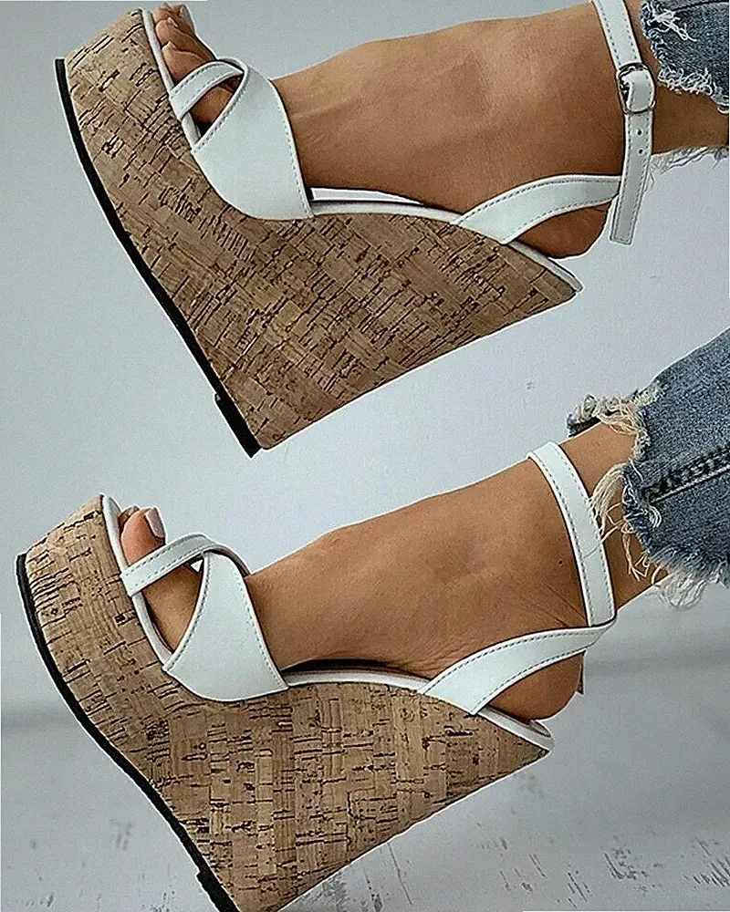 Damen Sandalen Absatz 16 cm Weiß Beige Keilabsatz Platforn Kunstleder CZ010
