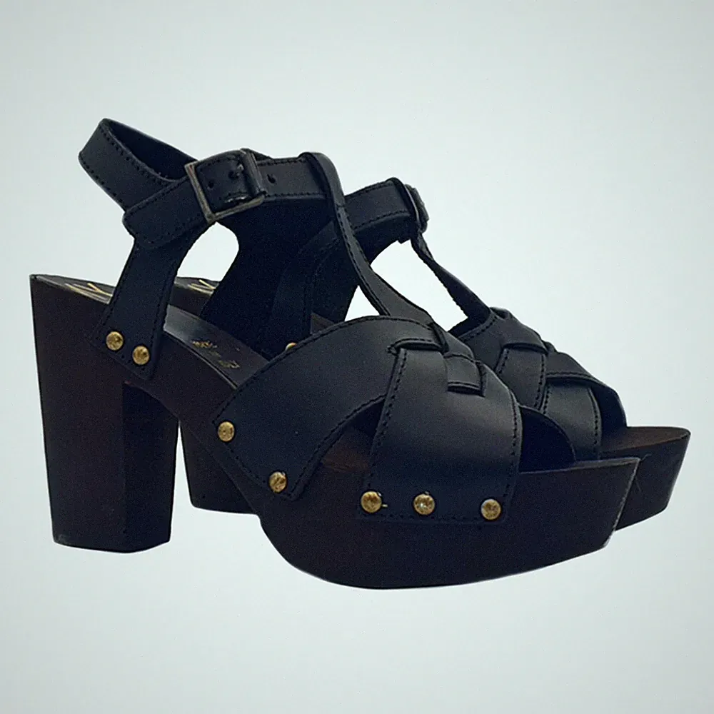 Damen Sandalen Absatz 9 cm Lederband gekreuzt - MY135 SCHWARZ