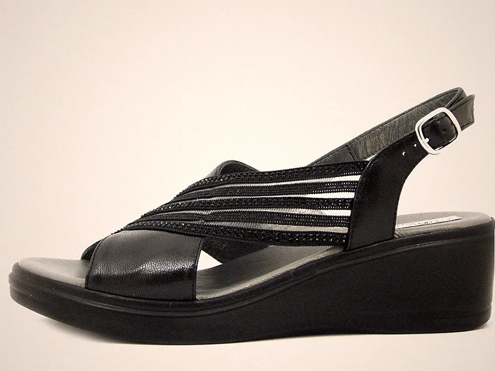 Damen Sandalen aus schwarzem Leder und Stoff mit Strass mittelgroßer Keilabsatz 5 cm Made in Italy