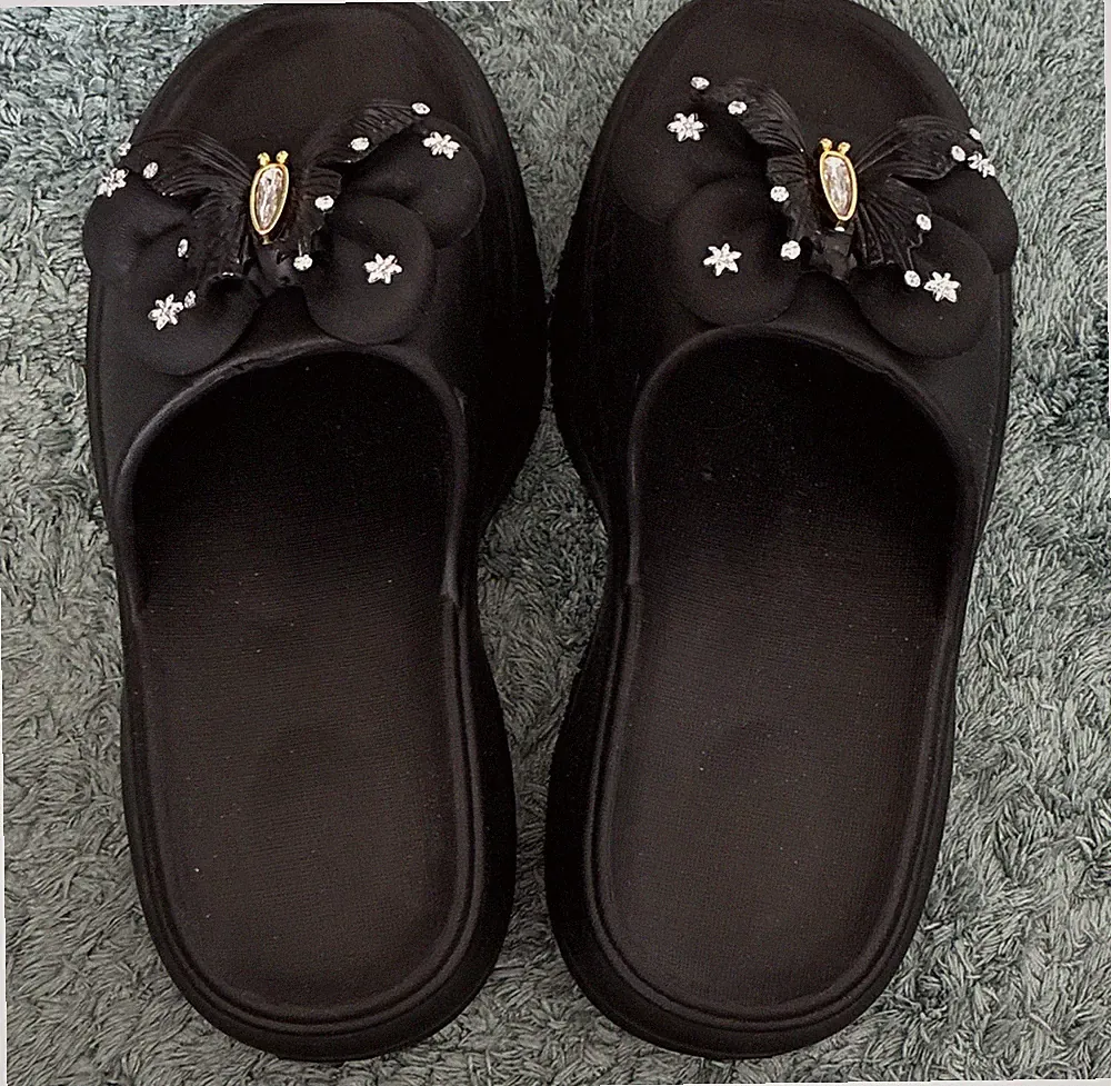 Damen Sandalen Badelatschen Schwarz Plateau Keilabsatz Slip-On Blumen Strass 40