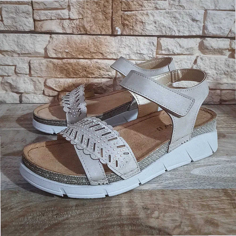 Damen Sandalen Beige Riposella WB05BX Komfort Fußbett Leder Mode Sommer