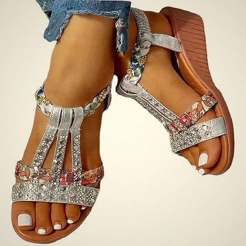 Damen Sandalen Böhmen Plateau Keile Schuhe Kristall Gladiator Rom Frau Sommer DE