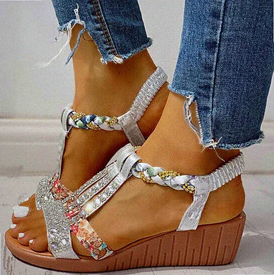 Damen Sandalen Böhmen Plateau Keile Schuhe Kristall Gladiator Rom Frau Sommer DE