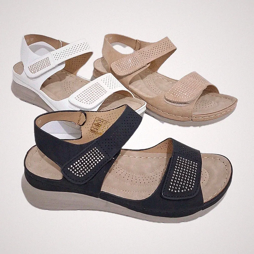 Damen-Sandalen breite Passform gepolstert Frauen niedriger Keilabsatz bequemer Touch-Verschluss Schuhgröße