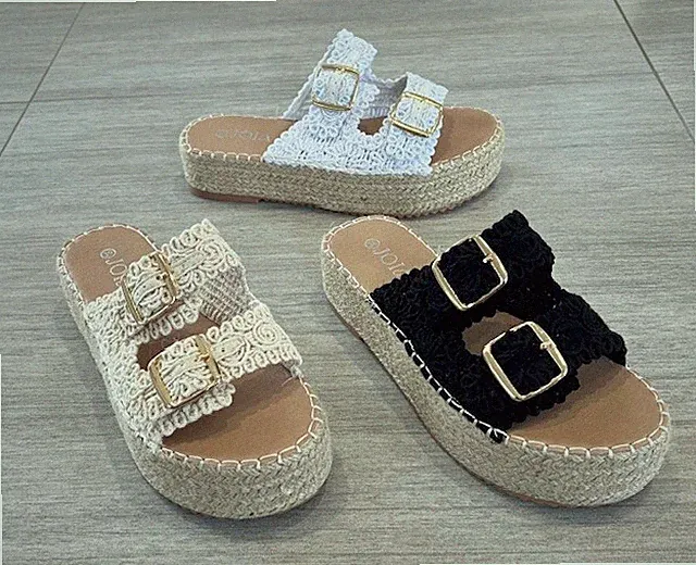 Damen-Sandalen gehäkelt verstellbar doppelte Schnalle flache Form Keilabsatz