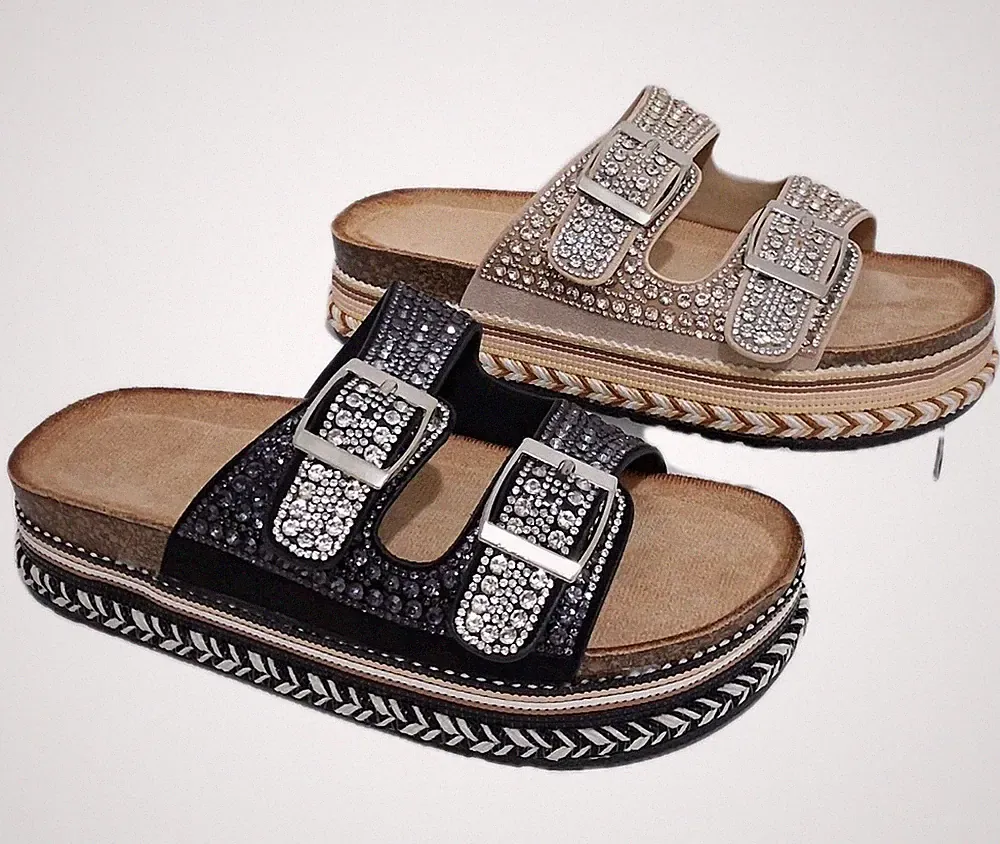 Damen-Sandalen glitzernde Diamanten flache Form Pantoletten Sommer verstellbare Riemen