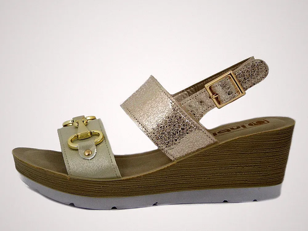 Damen Sandalen Gold Bequem mit Keilabsatz 6 cm und Plateau BLAU