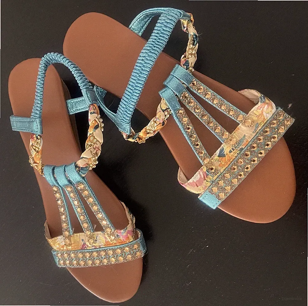 Damen Sandalen Gr. 40 Riemchen Schmuckelemente Türkis