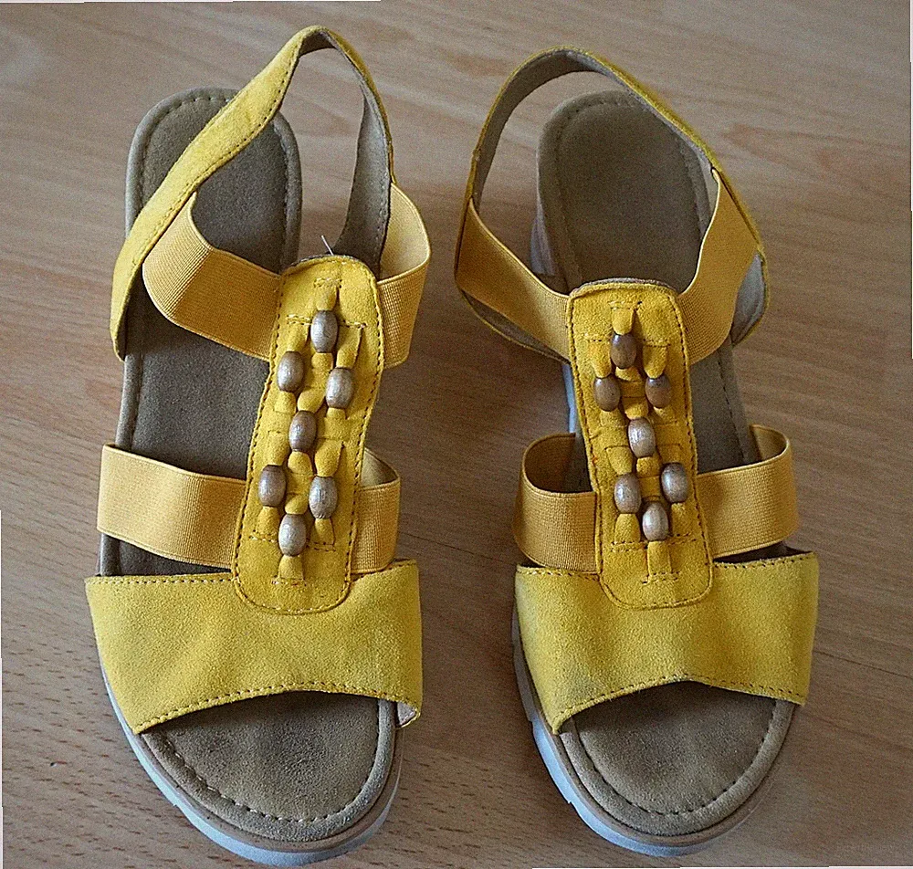 Damen Sandalen Gr.5 1/2, gelb Schnalle, Keilabsatz Komfort Schuhe, Gabor