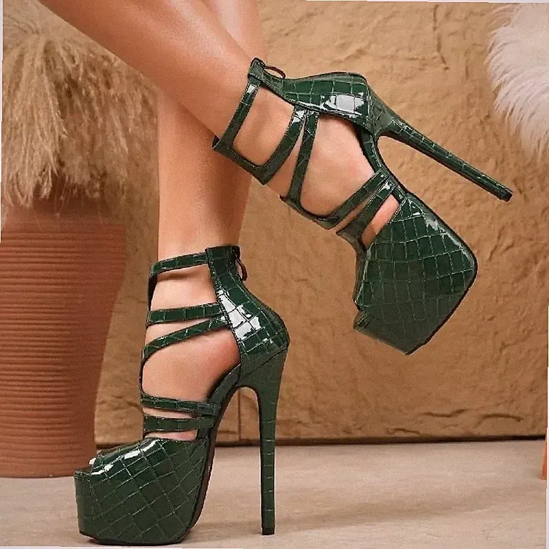 Damen Sandalen Grün Krokodilleffekt Keilabsatz Plateau Absatz 16 cm R4K8V