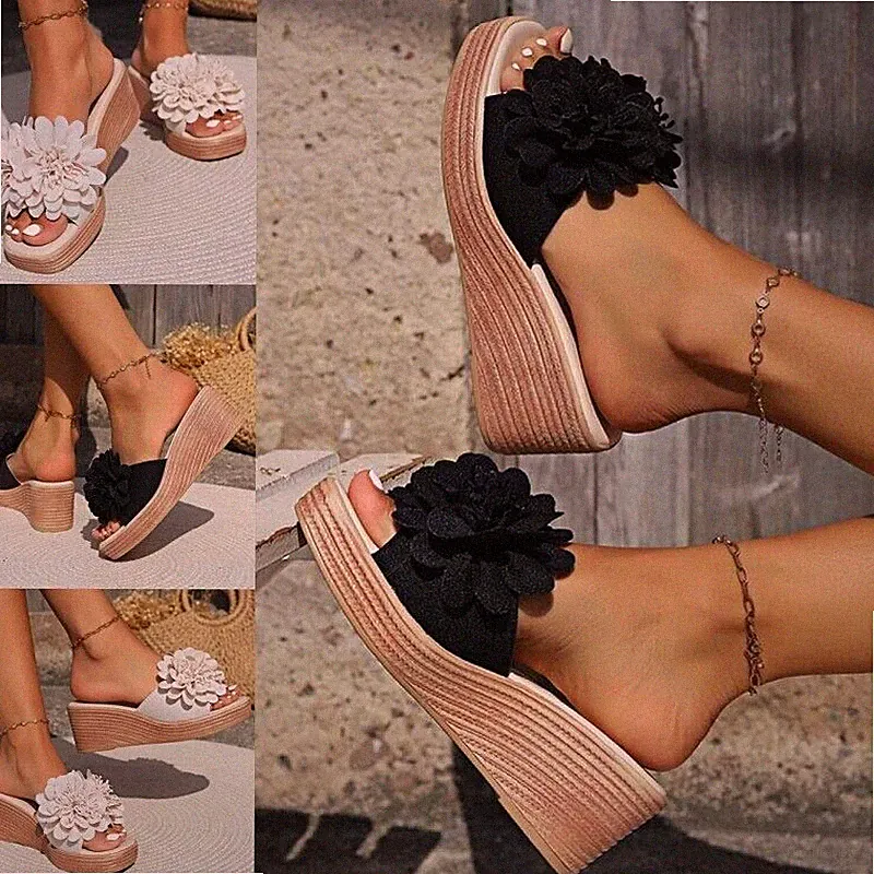 Damen Sandalen Hausschuhe Schuhe Pantoletten Keilabsatz Plateau Pumps Sommer