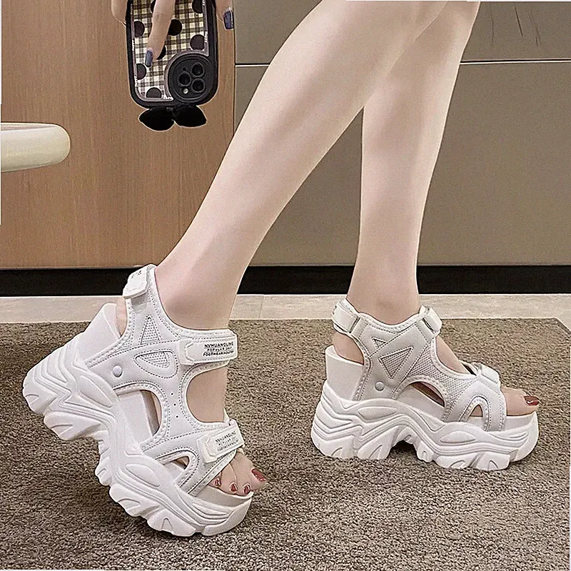 Damen Sandalen Keilabsatz 10,5 cm Plateau Weiß Bequem Synthetisches Leder 32958