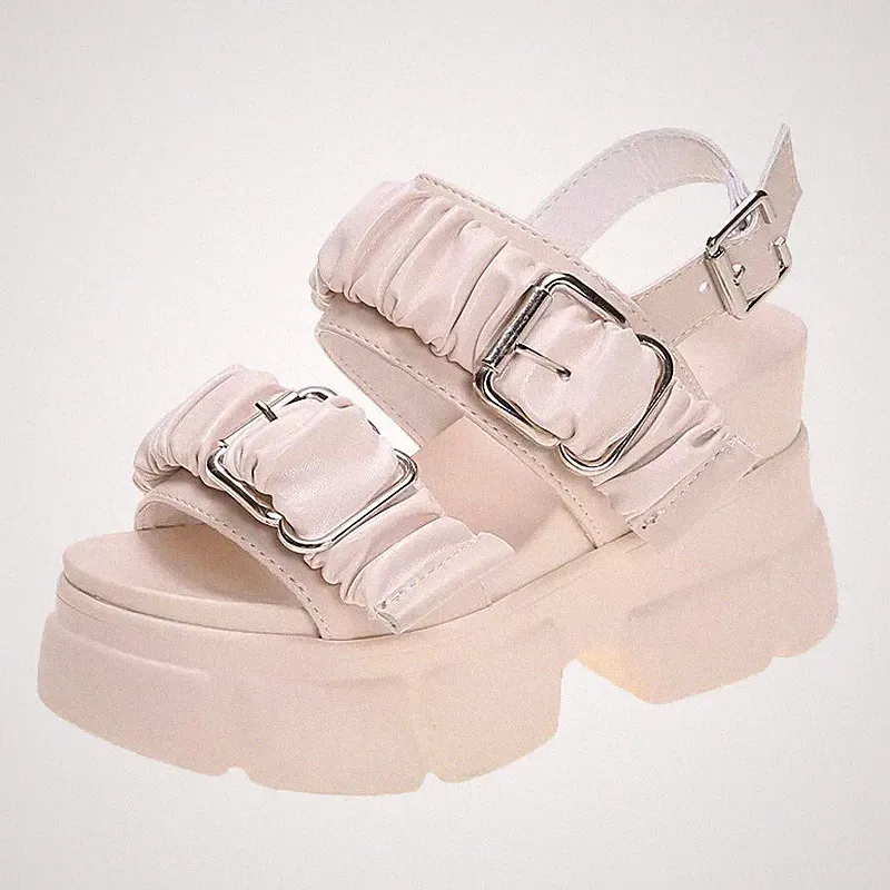 Damen Sandalen Keilabsatz 10 cm Plateau beige Kunstleder Elegante 12512