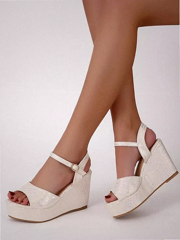 Damen Sandalen Keilabsatz 10 cm Plateau Plateau beige Kunstleder 22877