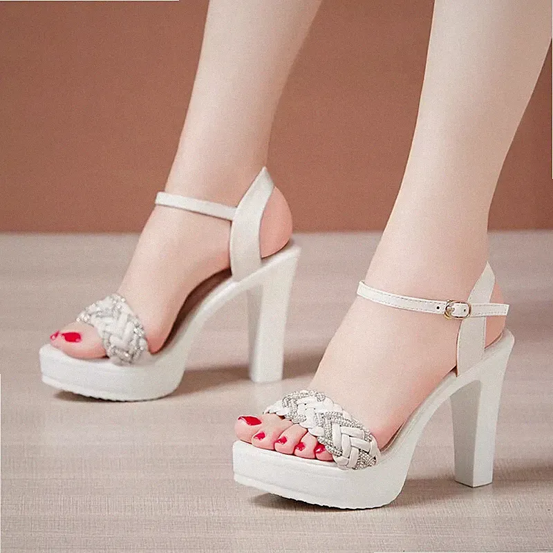 Damen Sandalen Keilabsatz 10 cm Plateau Plateau Weiß Strass Hoch Kunstleder