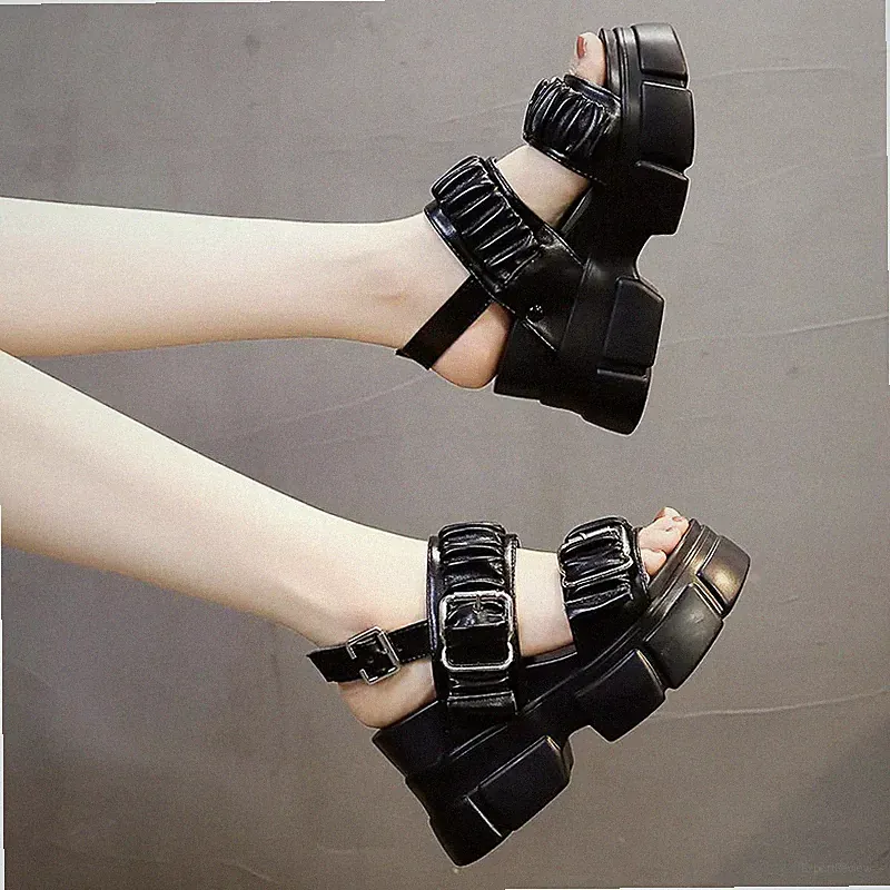 Damen Sandalen Keilabsatz 10 Cm Plateau Schwarz Bequem Synthetisches Leder 12512