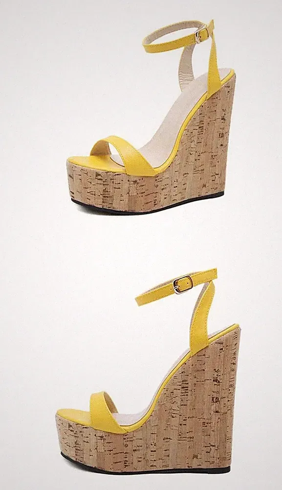 Damen Sandalen Keilabsatz 14,5 cm Plateau Kunstleder gelb beige CZ169