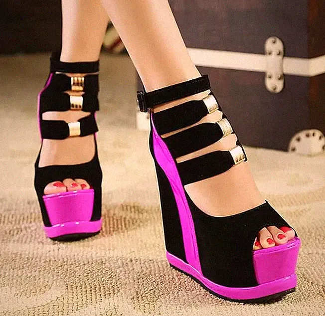 Damen Sandalen Keilabsatz 14,5 cm Plateau Plateau Rosa Schwarz Kunstleder 92775