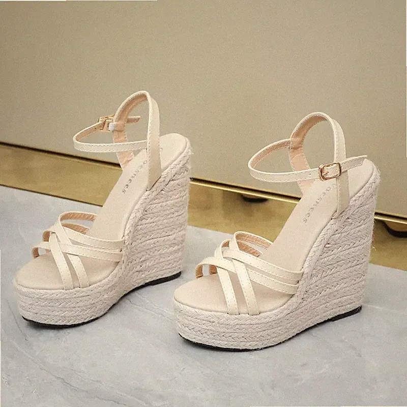 Damen Sandalen Keilabsatz 14 cm Plateau Plateau beige Kordel Kunstleder 32886