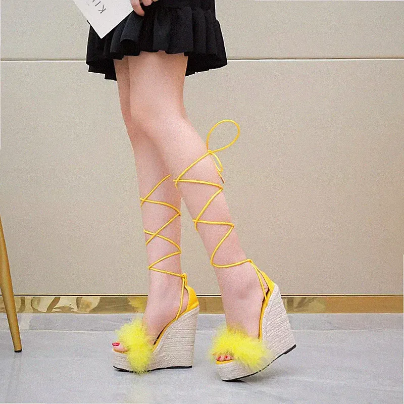 Damen Sandalen Keilabsatz 14 cm Plateau Plateau Gelb Kordel Kunstleder 32883