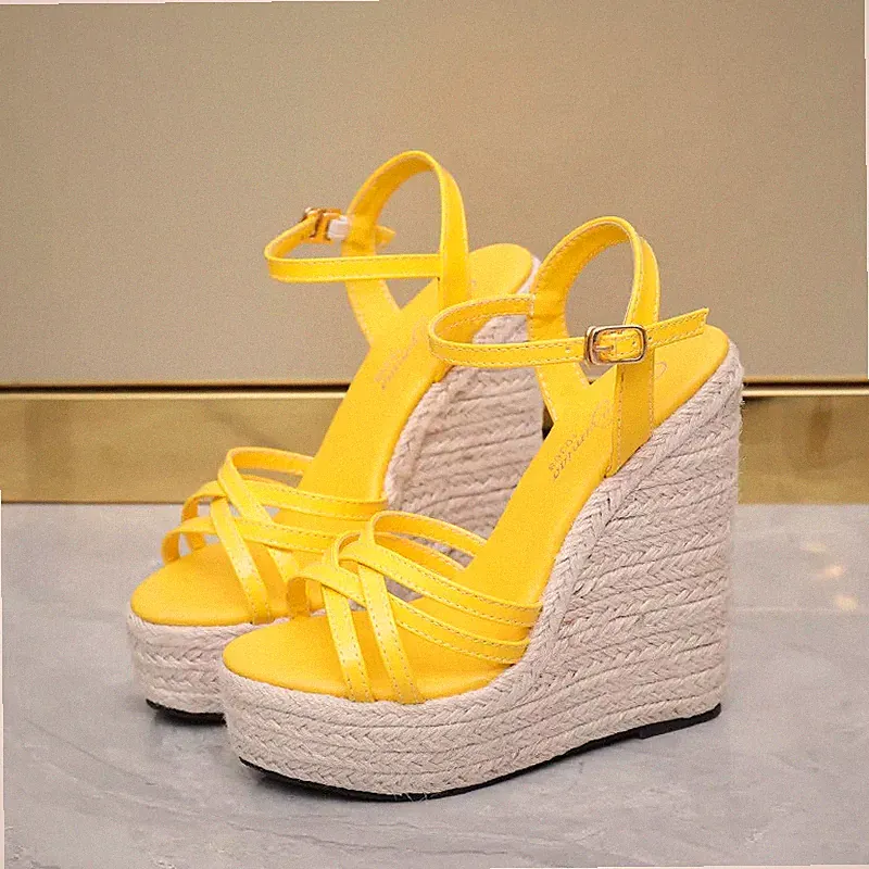 Damen Sandalen Keilabsatz 14 cm Plateau Plateau Gelb Kordel Kunstleder 32886