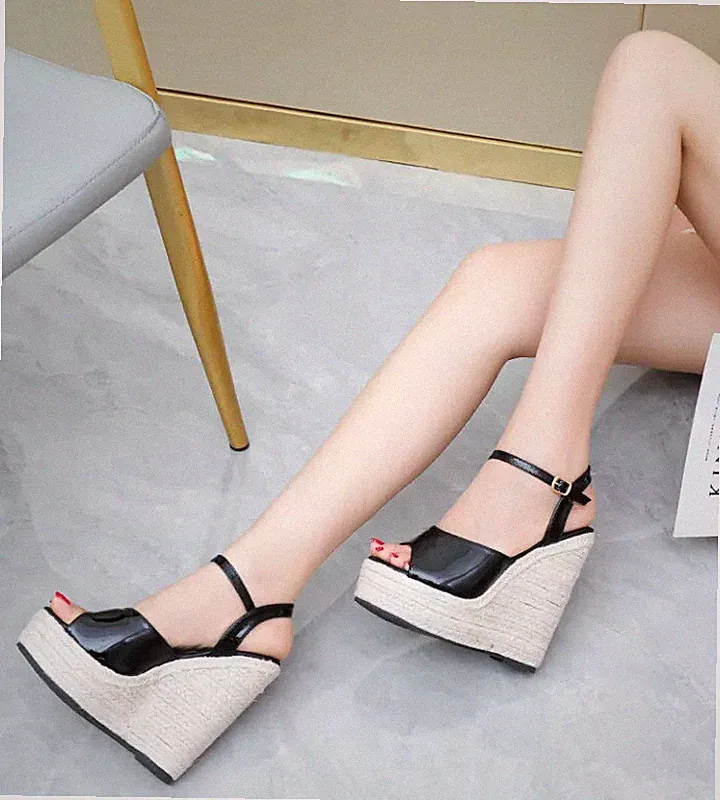 Damen Sandalen Keilabsatz 14 cm Plateau Plateau Schwarz Kordel Kunstleder 32876B
