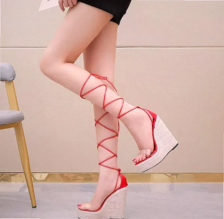 Damen Sandalen Keilabsatz 14 cm Plattform Plateau Rot Corda Kunstleder 32880