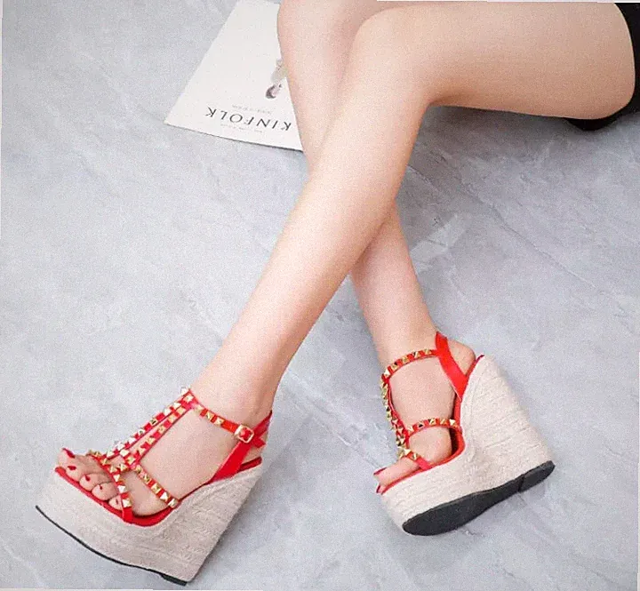 Damen Sandalen Keilabsatz 14 cm Plattform-Rial Plateau Rot Kordelimitat 32876