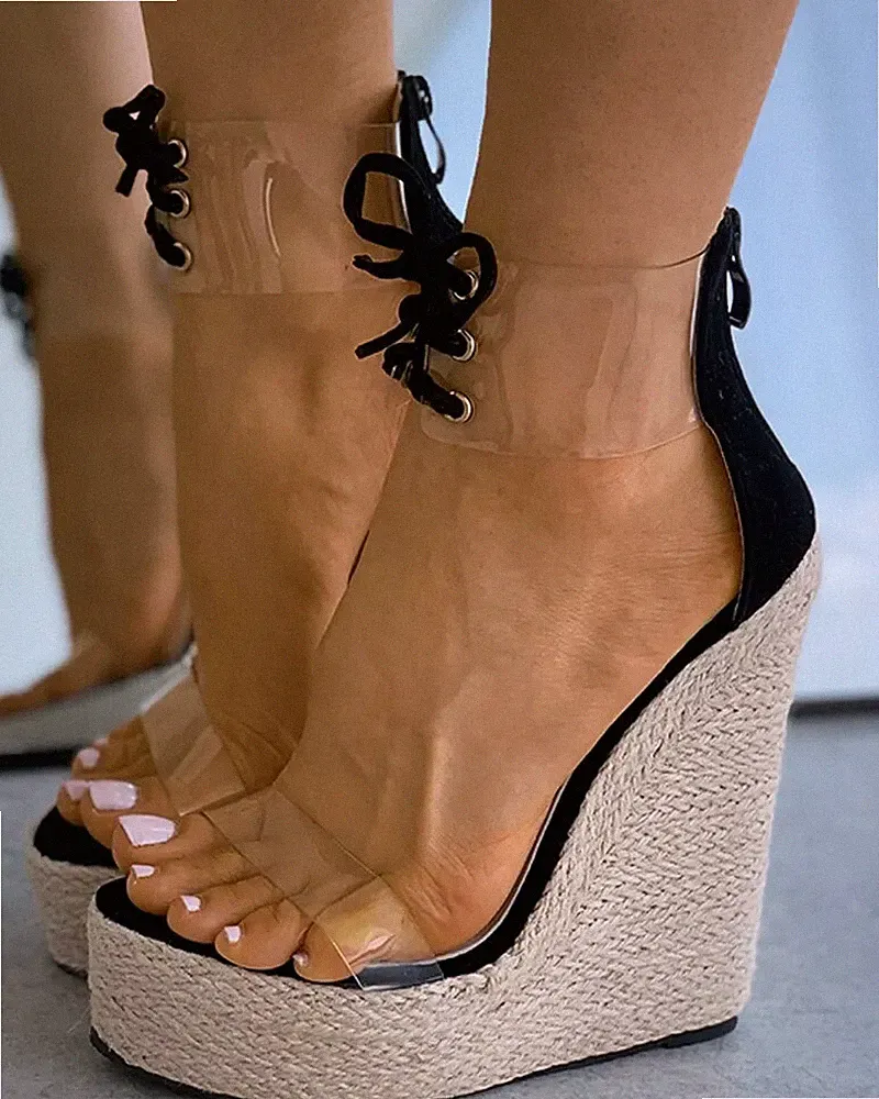 Damen Sandalen Keilabsatz 16,5 cm Plartform Schwarz Transparent Kunstleder CZ196