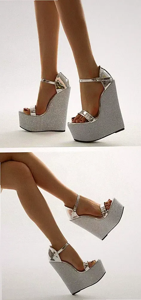 Damen Sandalen Keilabsatz 17 Platform Silber Strass Kunstleder Riemchen CZ159
