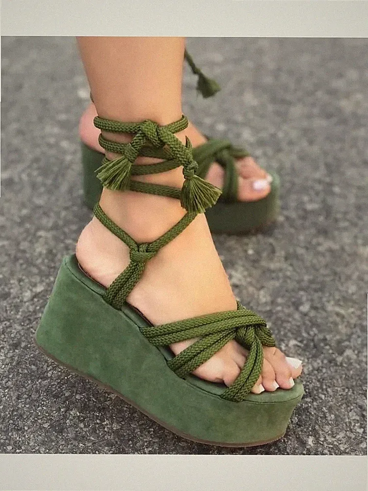 Damen Sandalen Keilabsatz 6,5 cm Plateau Plateau Grün Schnürung Kunstleder 30495